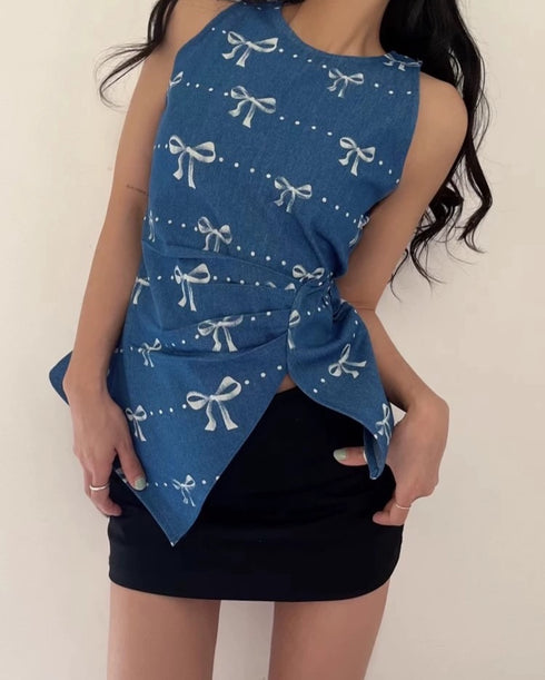 Chic Bow Print Denim Tops